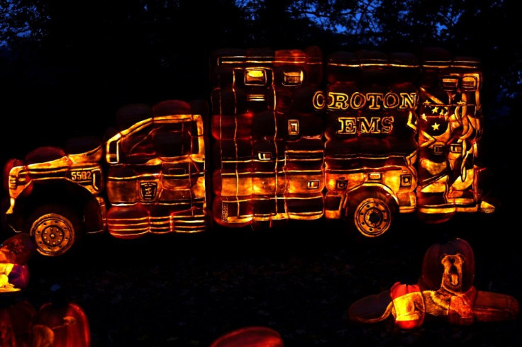 In this Hudson Valley village, the Headless Horseman's image appears on sculptures, signs and even ambulances, while fire trucks and street signs are orange and black