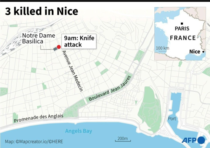 A map of central Nice locating the knife attack