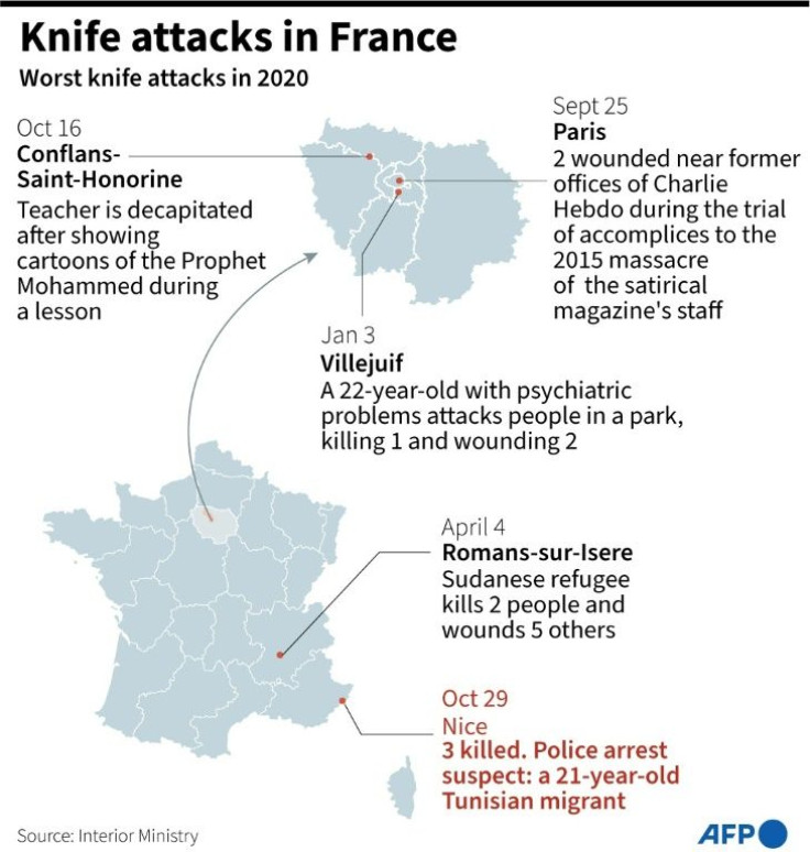 Map of France showing recent knife attacks.