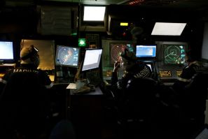 The tactical operations centre aboard the La Fayette offers an overview of the whole eastern Mediterranean