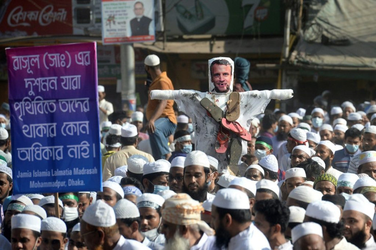 Some demonstrators in Dhaka burned an effigy of French President Emmanuel Macron