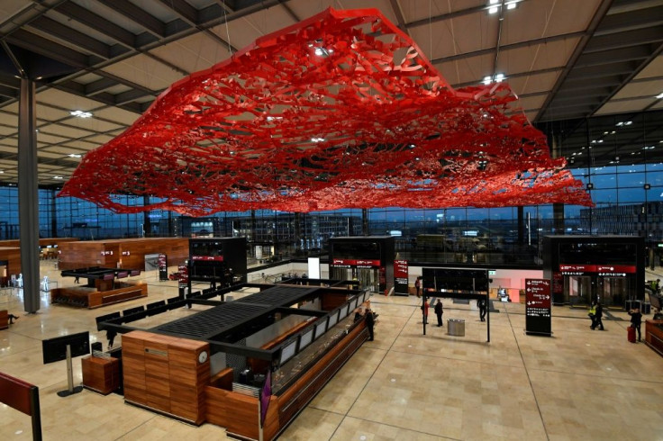 A feature of the interior of Germany's third-largest airport is the "Magic Carpet" artwork by American artist Pae White suspended from the ceiling