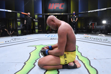 In this handout image provided by UFC, Anderson Silva of Brazil reacts after his loss to Uriah Hall in a middleweight bout during the UFC Fight Night event at UFC APEX