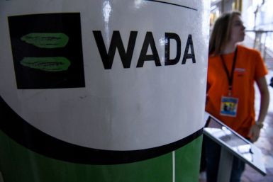 The WADA logo is pictured at the Russkaya Zima (Russian Winter) Athletics competition in Moscow on February 9, 2020.