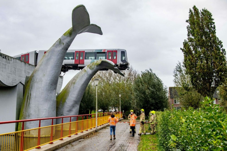 The train's front carriage was left hanging above the water, propped up by the sculture called, improbably, "Saved by the Whale's Tail"