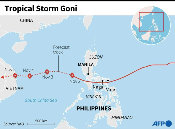 The path of Tropical Storm Goni, which made landfall in the Philippines on Sunday.