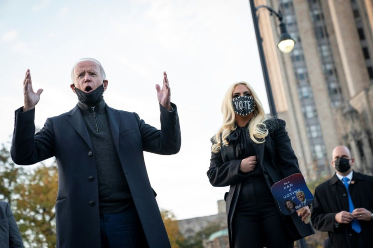 Lady Gaga, wearing a bejeweled "VOTE" mask, campaigned for Democrat Joe Biden in Pittsburgh on the penultimate day of the 2020 presidential election