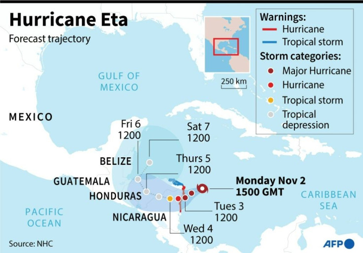 Map showing the location and projected path of Hurricane Eta.