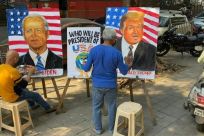 Indian art school teachers paint images of US President Donald Trump and Democratic Presidential Candidate and former US Vice President Joe Biden ahead of the upcoming US presidential elections, outside an art school in Mumbai.
