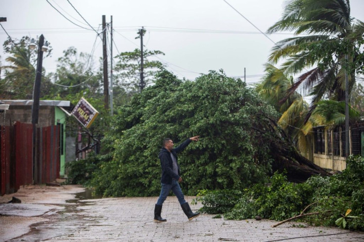 A man points to fallen trees as Hurricane Eta makes landfall in Bilwi, on Nicaragua's northeastern coast
