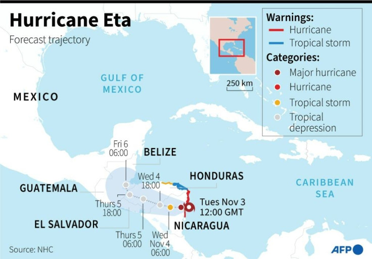 Map showing the location and projected path of Hurricane Eta.