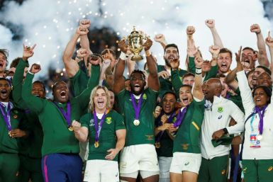 South Africa's captain Siya Kolisi lifts the Webb Ellis Cup after his side won the Rugby World Cup final against England a year ago in Japan