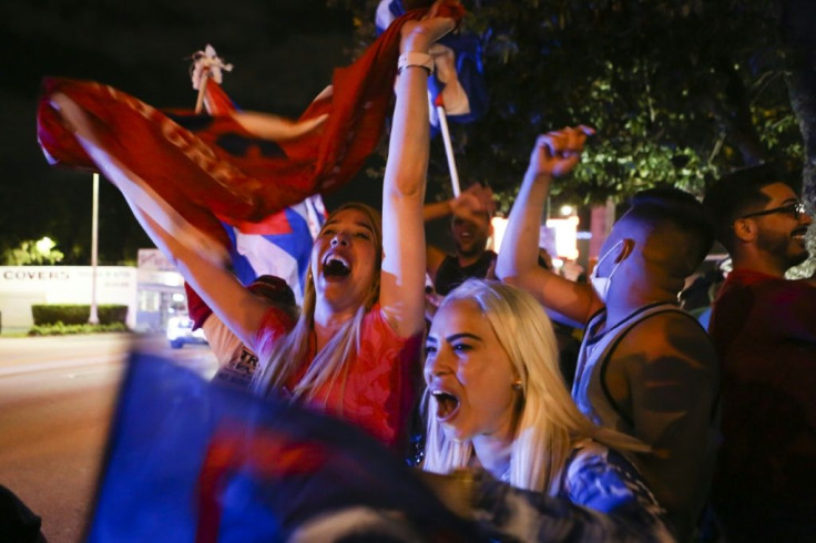 Supporters of US President Donald Trump rally in front of the Cafe Versailles in Miami, Florida on November 3, 2020