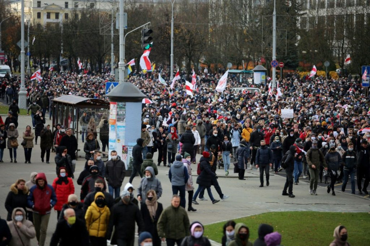 The first major independent report into the Belarus election and subsequent crackdown on protests (opposition protesters pictured November 1, 2020 in Minsk) by authorities said human rights abuses "were found to be massive and systematic"