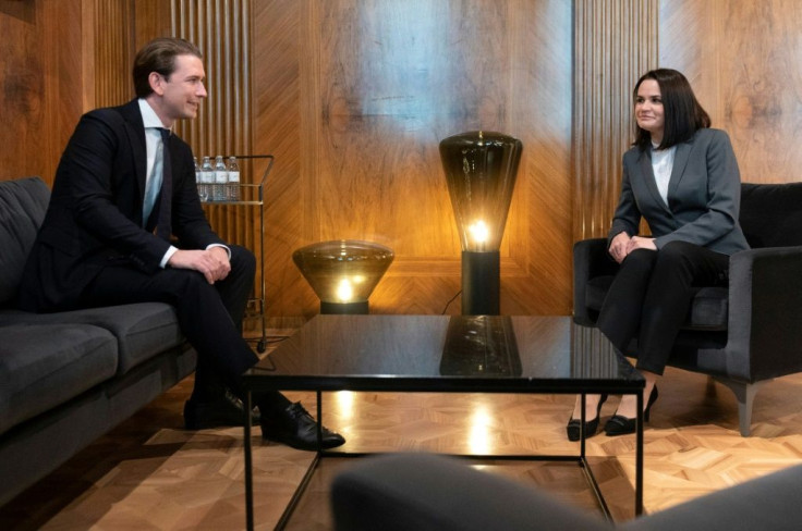Belarusian opposition leader Svetlana Tikhanovskaya (R) visited Vienna, where she was received by Chancellor Sebastian Kurz