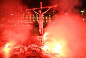 Activists attached a half-naked Pavel Krisevich to a cross and put him on a stool in front of the headquarters of the Federal Security Service (FSB)