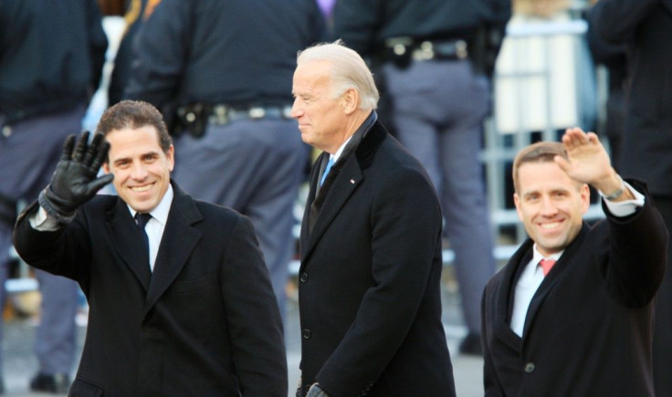 Then-vice president Joe Biden, pictured with his sons Hunter (L) and Beau (R) during the 2009 inaugural parade of President Barack Obama