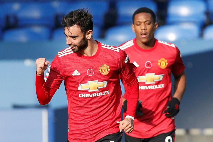 Manchester United midfielder Bruno Fernandes celebrates scoring his equaliser in the 3-1 win against Everton