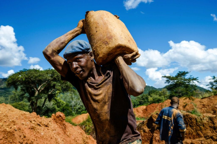 A miner carries a load of ore at Manzou Farm, owned by Grace Mugabe, the wife of former president Robert Mugabe