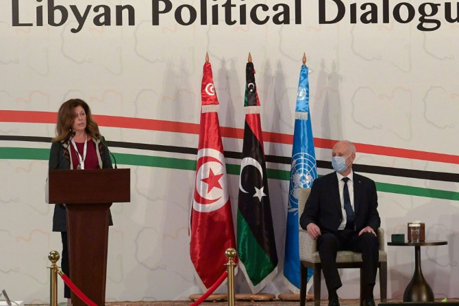 UN acting envoy to Libya Stephanie Williams speaks at the opening of the Libyan Political Dialogue Forum hosted in Gammarth on the outskirts of the Tunisian capital