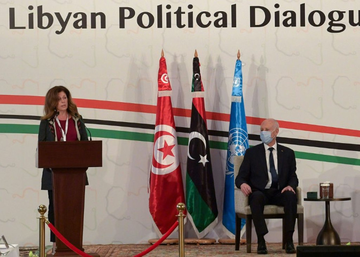UN acting envoy to Libya Stephanie Williams speaks at the opening of the Libyan Political Dialogue Forum hosted in Gammarth on the outskirts of the Tunisian capital