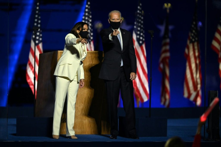 US President-elect Joe Biden and Vice President-elect Kamala Harris celebrate victory on Saturday