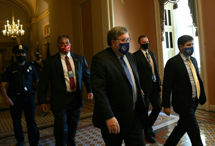 US Attorney General William Barr leaves after meeting with Senate Majority Leader Mitch McConnell on Capitol Hill in Washington