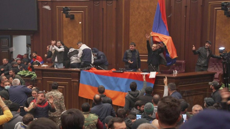 Chaos inside Armenia parliament as protesters denounce ceasefire