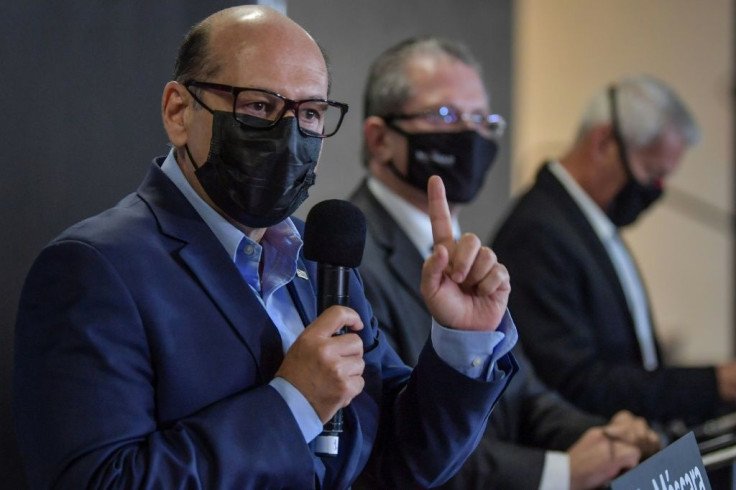 Dimas Covas, director of the Butantan Institute, speaks during a press conference in Sao Paulo on November 10, 2020