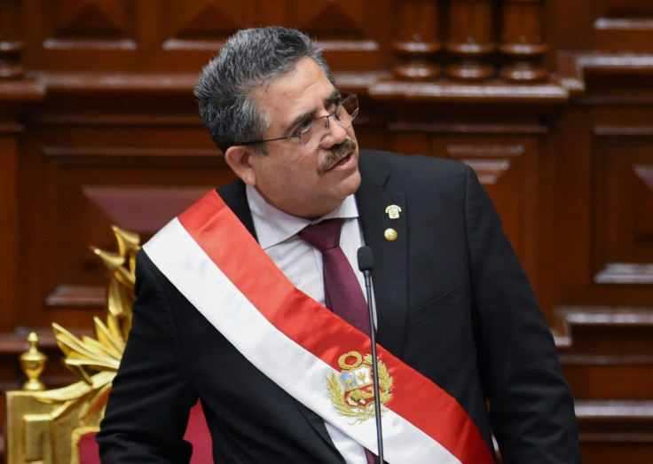 The speaker of the Peruvian Congress, Manuel Merino, gives a speech during his swearing-in ceremony as interim president in Lima on November 10, 2020 a day after the Congress voted to impeach and oust President Martin Vizcarra over corruption allegations 