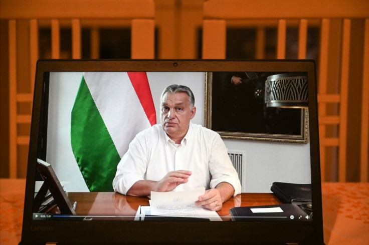 Hungarian Prime Minister Viktor Orban (pictured during a televised speech November 9, 2020) sent a letter to EU Commission President Ursula von der Leyen and Council president Charles Michel saying his country "cannot provide the unanimity required"