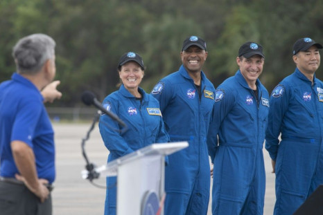 From left to right: NASA astronauts Shannon Walker, Victor Glover and Mike Hopkins, and Japanese astronaut Soichi Noguchi, seen November 8 2020