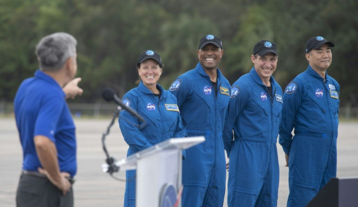 From left to right: NASA astronauts Shannon Walker, Victor Glover and Mike Hopkins, and Japanese astronaut Soichi Noguchi, seen November 8 2020