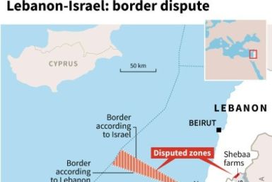Map of maritime zones of Lebanon and Israel showing disputed borders.