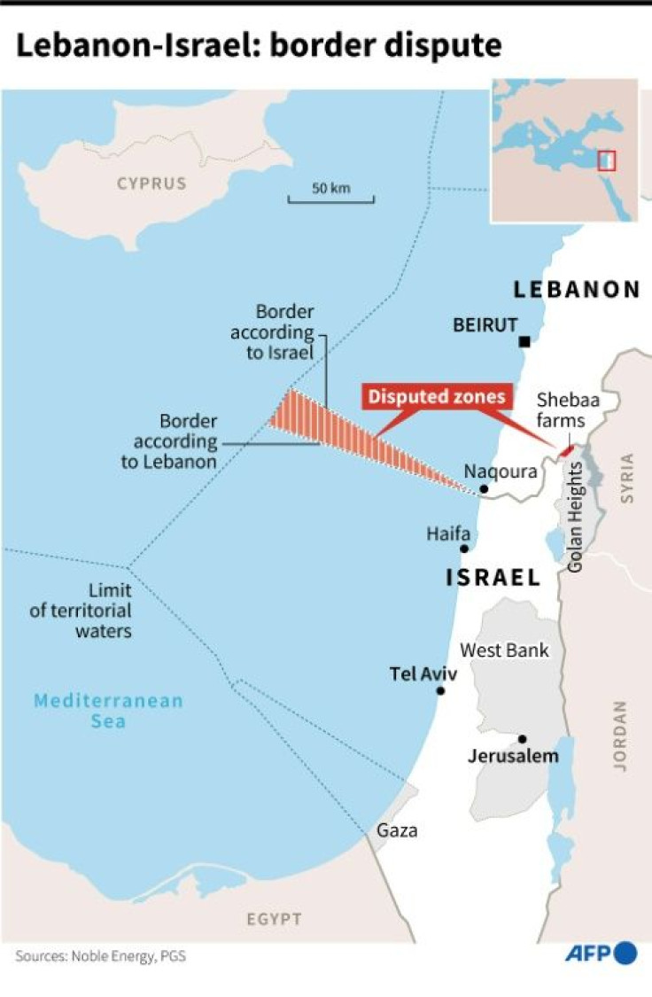 Map of maritime zones of Lebanon and Israel showing disputed borders.