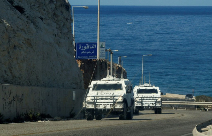 An October 2 picture shows UN peacekeepers patrol the Lebanese area of Naqura on the border with Israel, where both sides are holding US-brokered talks on their disputed maritime border