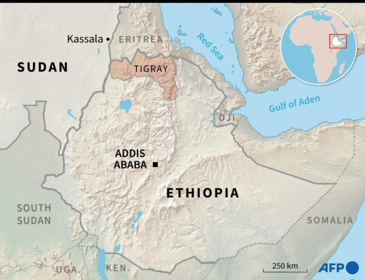 Map of Ethiopia and Sudan locating the Ethiopian region of Tigray and the Sudanese border town of Kassala