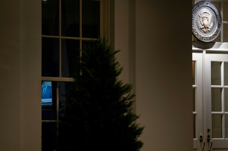 US President Donald Trump is seen on a TV in the West Wing as the president continues to challenge the results of the 2020 US presidential election November 10, 2020, in Washington, DC.