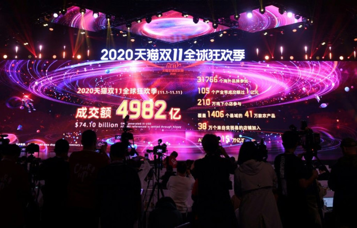 A screen shows sales totals at the end of the Singles' Day shopping festival at the 2020 Tmall Global Shopping Festival media centre in Hangzhou