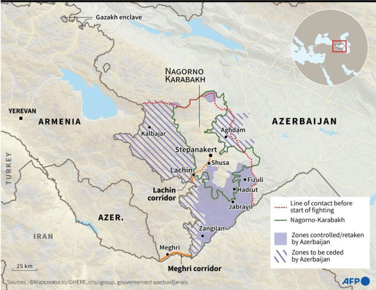 Map locating the disputed region of Nagorno-Karabakh with zones of control.
