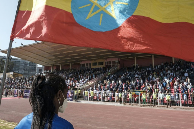 A crowd stands to sing the Ethiopian national anthem during a blood donation rally in Addis Ababa