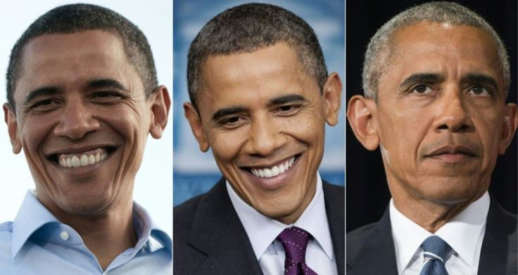 This combination of pictures shows former US president Barack Obama during his first campaign 2008 (L), in the White House in 2012 (C) and during a press conference in 2016 (R)