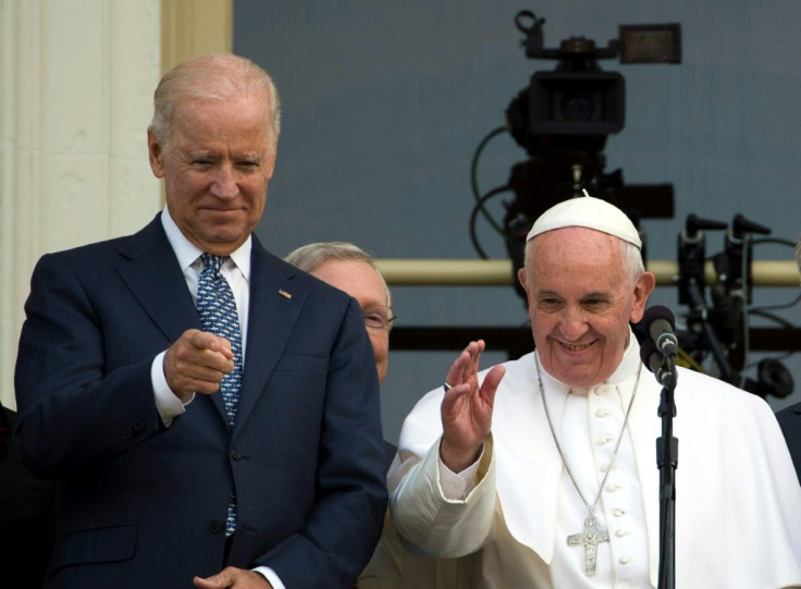 Then-vice president Joe Biden (L) welcomed Pope Francis to the US Capitol in September 2015, with the pontiff delivering a speech to a joint session of Congress