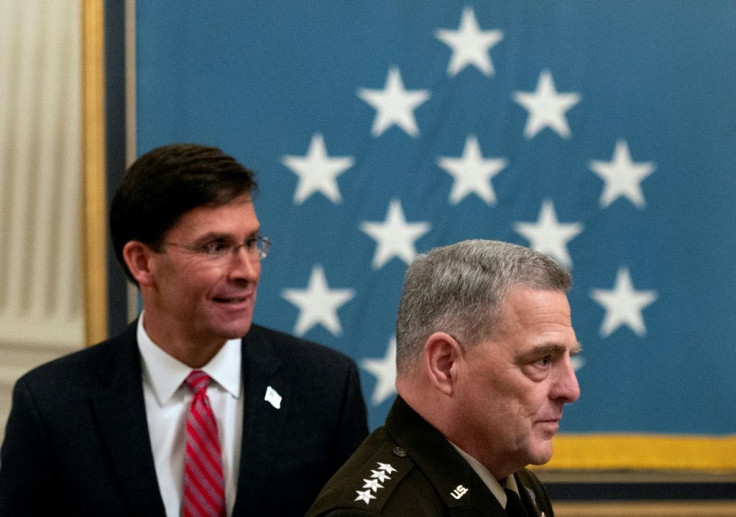 Chairman of the Joint Chiefs of Staff General Mark Milley (right) and then defense secretary Mark Esper, seen at a White House ceremony on September 11, 2020, have both been cautious about speeding up a withdrawal from Afghanistan