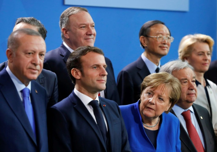 US Secretary of State Mike Pompeo stands in the back at a January 2020 conference in Berlin on Libya, with French President Emmanuel Macron, Turkish President Recep Tayyip Erdogan an German Chancellor Angela Merkel in the front