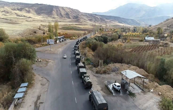 This handout picture released by the Russian Defence Ministry on Saturday shows military vehicles of the Russian peacekeeping forces outside of Stepanakert in Nagorno-Karabakh