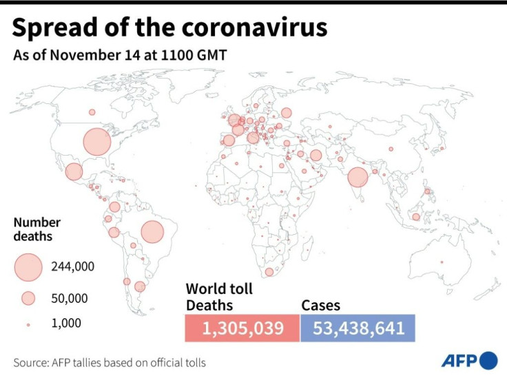 World map showing the number of Covid-19 deaths by country, as of November 14 at 1100 GMT