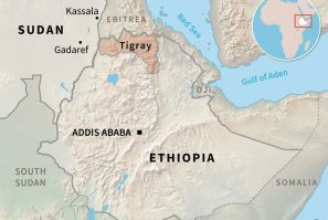 Map of Ethiopia and Sudan locating the Ethiopian region of Tigray and the Sudanese towns of Kassala and Gadaref