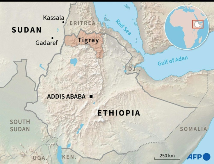 Map of Ethiopia and Sudan locating the Ethiopian region of Tigray and the Sudanese towns of Kassala and Gadaref