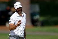 World number one Dustin Johnson reacted to making an eagle at the par-5 second in Saturday's third round of the Masters